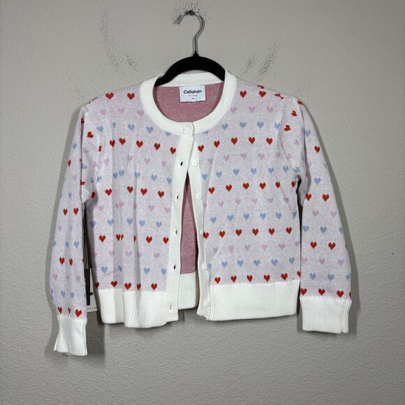 Callahan Knitwear XS Victoria Heart Love Print Button Up Cardigan Sweater Cotton - Picture 2 of 10